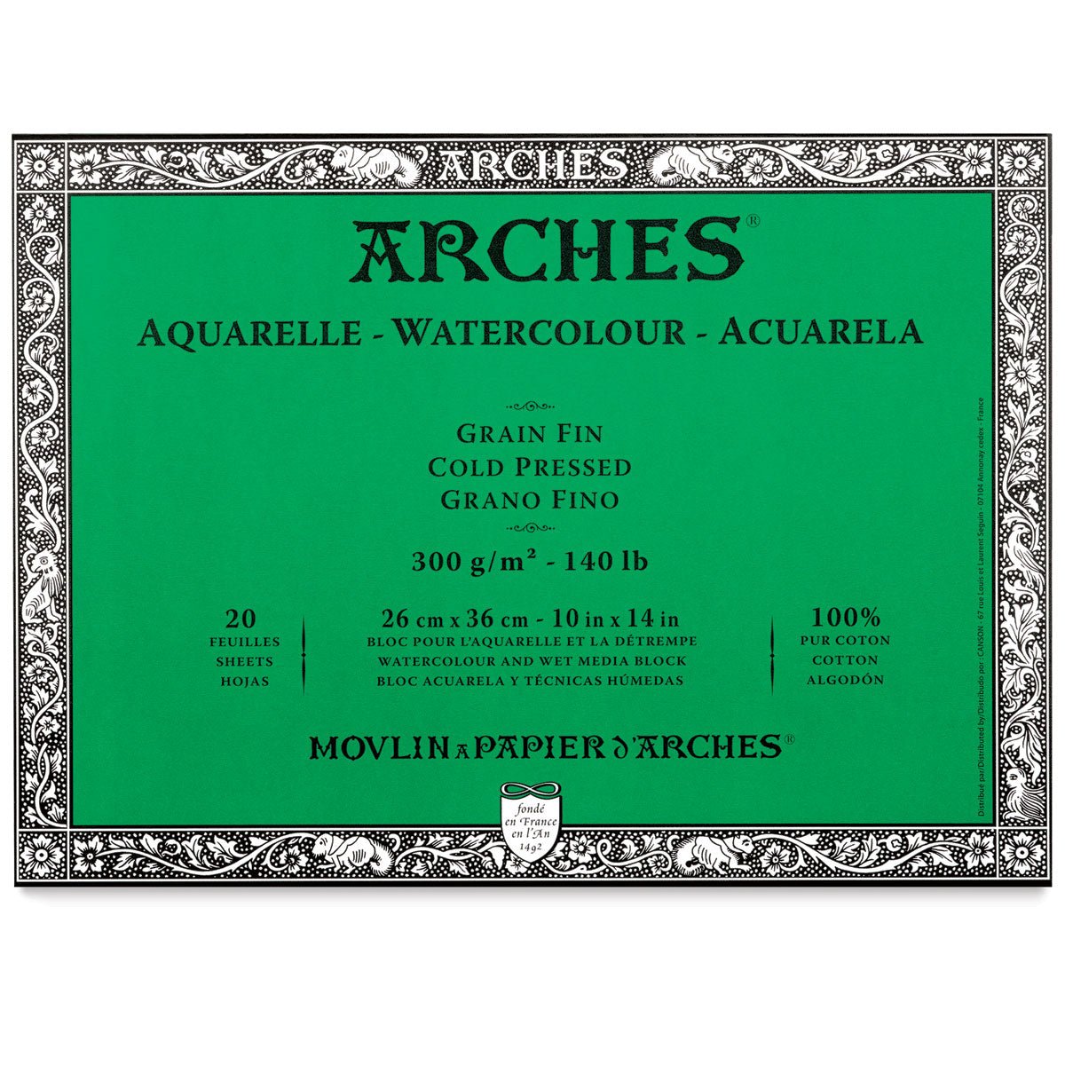 ARCHES WATER COLOUR BLOCK 20 SHEETS COLD PRESSED 300 GSM 100% COTTON 10" x 14" (1795061)