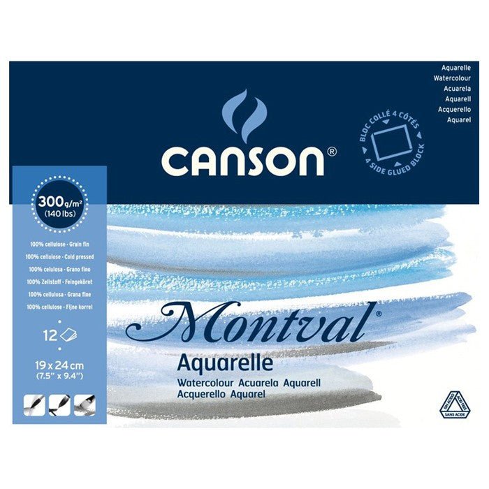 CANSON MONTVAL WATER COLOUR PAD 12 SHEETS 4SG COLD PRESSED 300 GSM 25% COTTON 19 x 24 CM (200006533)