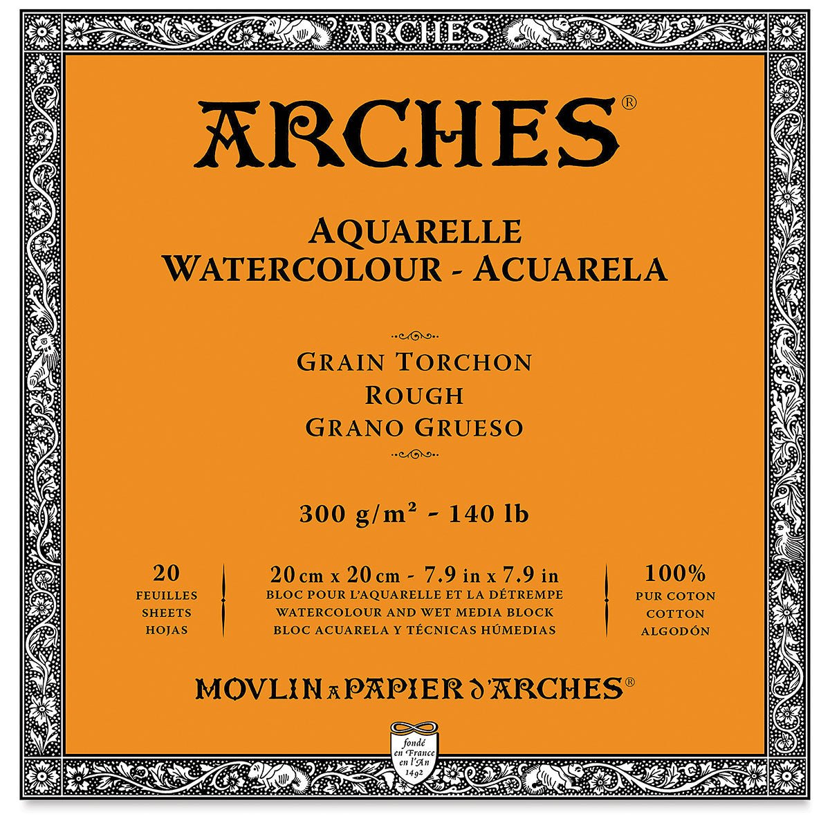 ARCHES WATER COLOUR BLOCK 20 SHEETS ROUGH 300 GSM 100% COTTON 7.9" x 7.9" (1795084)