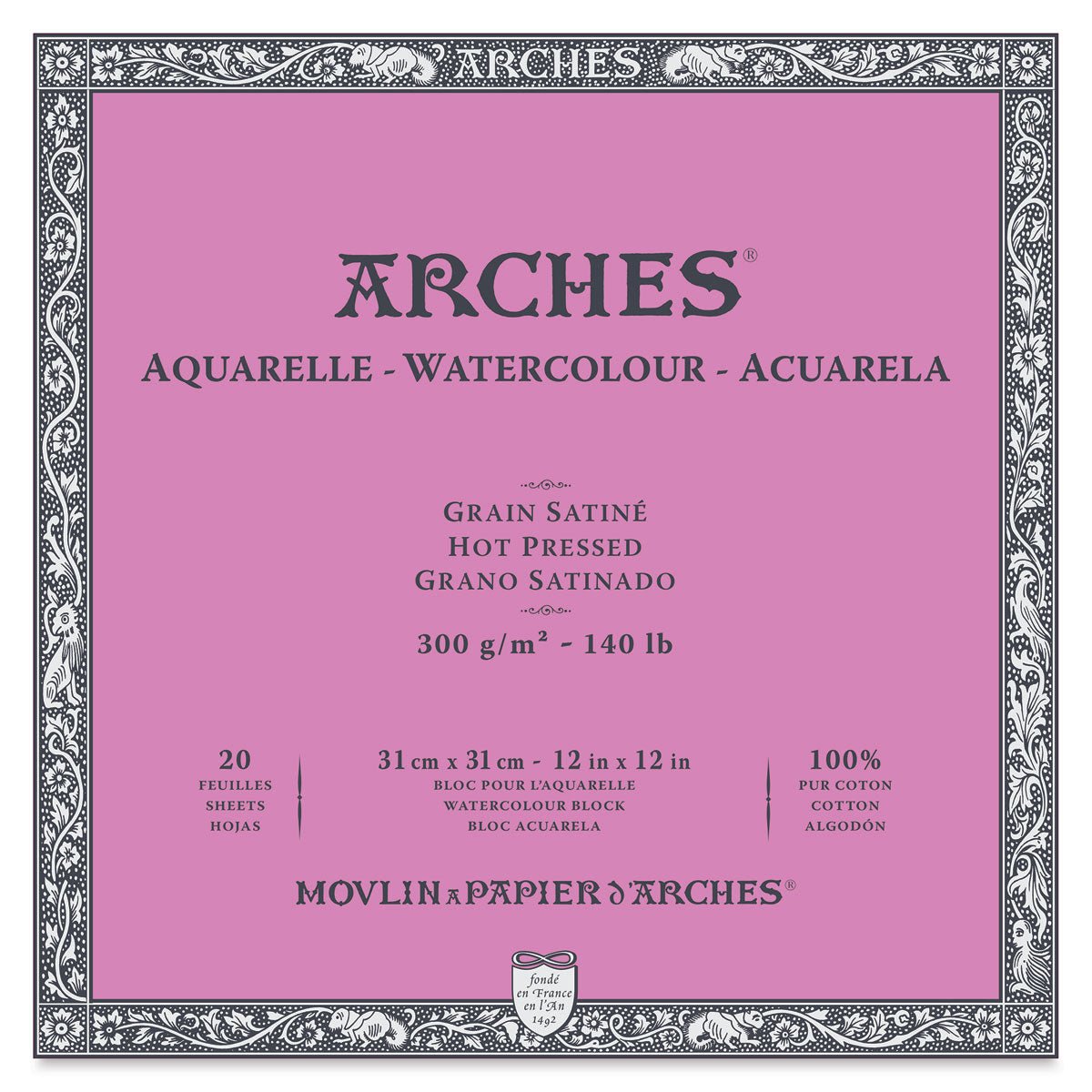 ARCHES WATER COLOUR BLOCK 20 SHEETS HOT PRESSED 300 GSM 100% COTTON 12" x 12" (1711605)