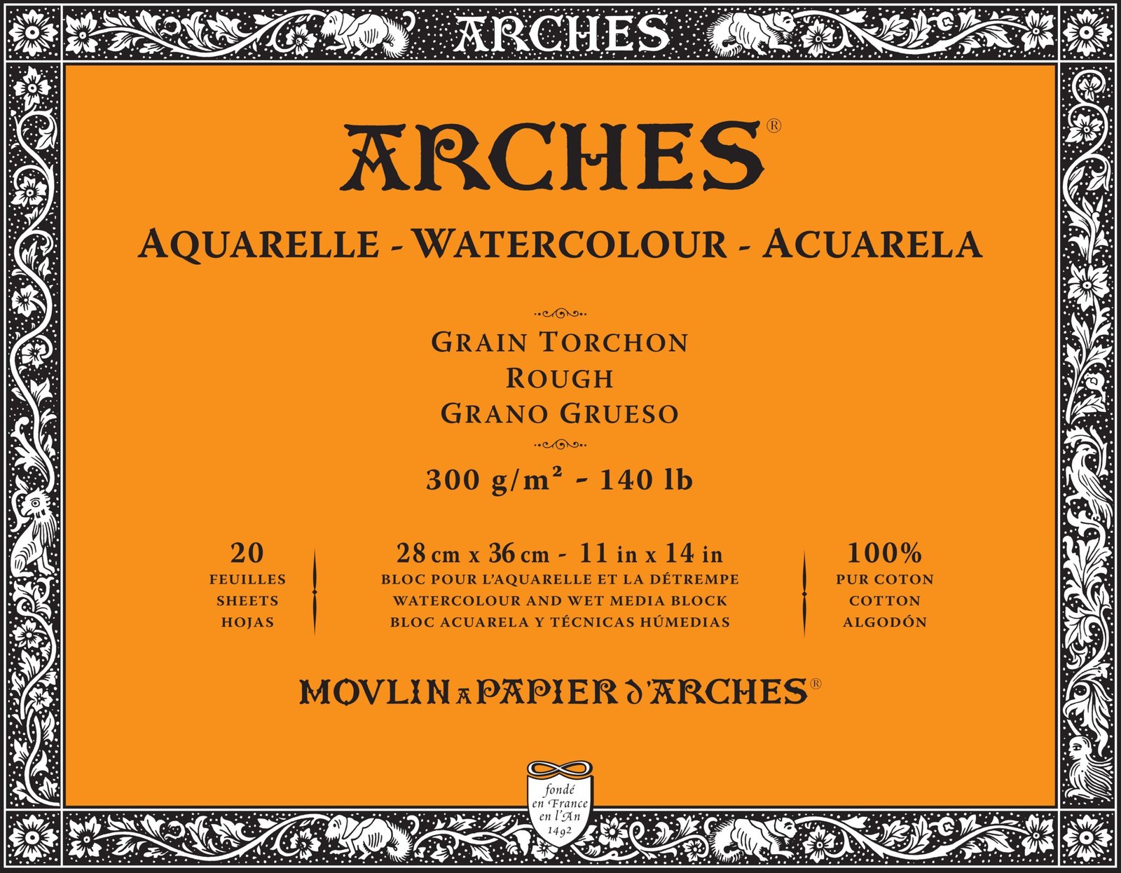 ARCHES WATER COLOUR BLOCK 20 SHEETS ROUGH 300 GSM 100% COTTON 11" x 14" (1711608)