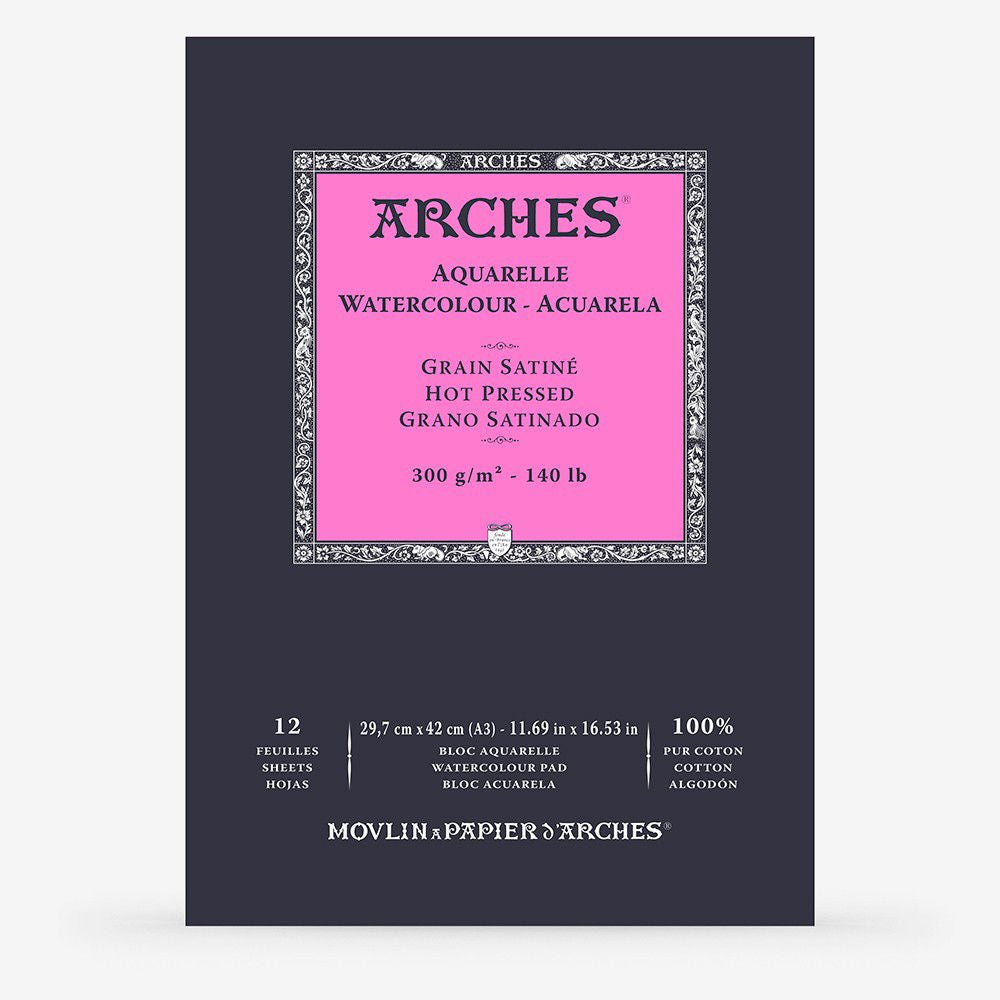 ARCHES WATER COLOUR PAD 12 SHEETS HOT PRESSED 300 GSM 100% COTTON 11.69" x 16.53" (1795099)