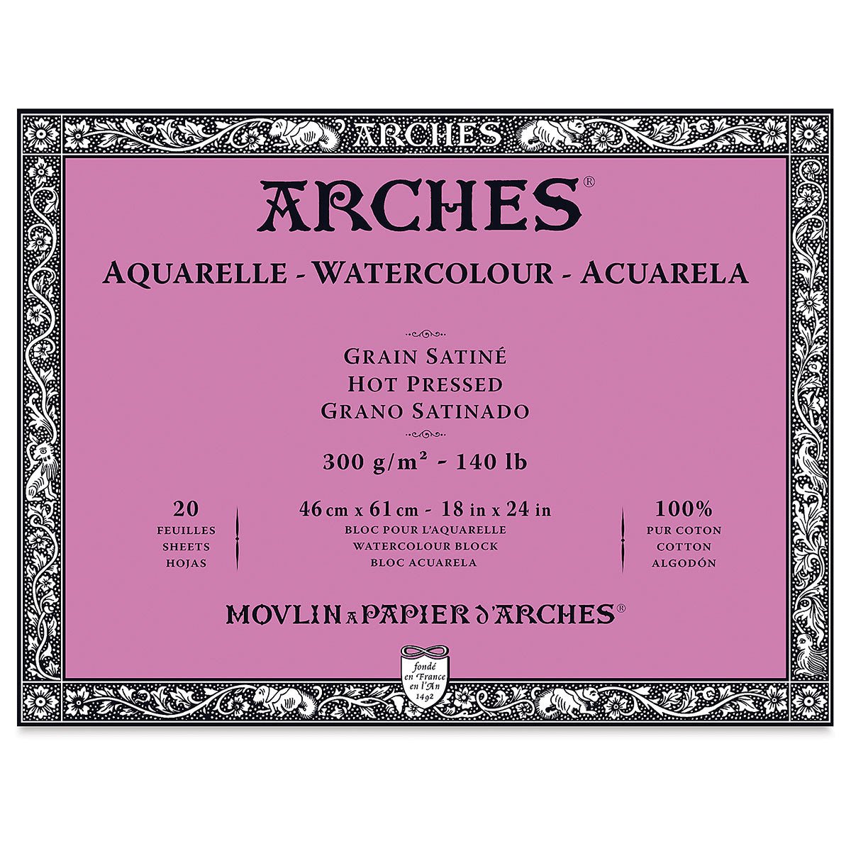 ARCHES WATER COLOUR BLOCK 20 SHEETS HOT PRESSED 300 GSM 100% COTTON 18" x 24" (1795076)