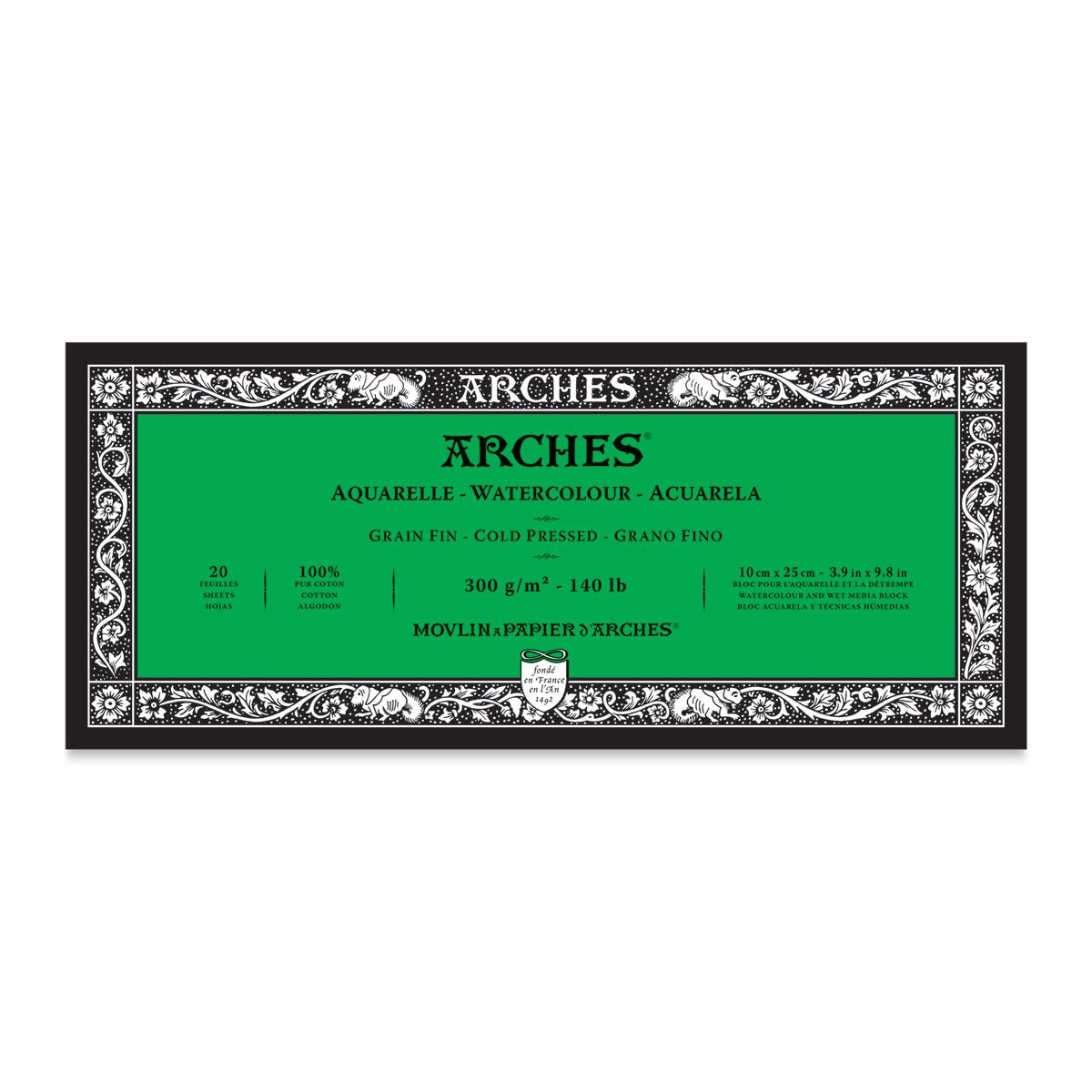 ARCHES WATER COLOUR BLOCK 20 SHEETS COLD PRESSED 300 GSM 100% COTTON 3.9" x 9.8" (1795056)