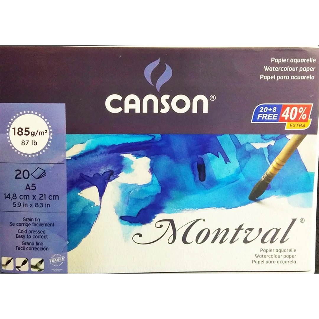 CANSON MONTVAL WATER COLOUR PAPER 20 SHEETS COLD PRESSED 185 GSM 25% COTTON A5 (400056430)