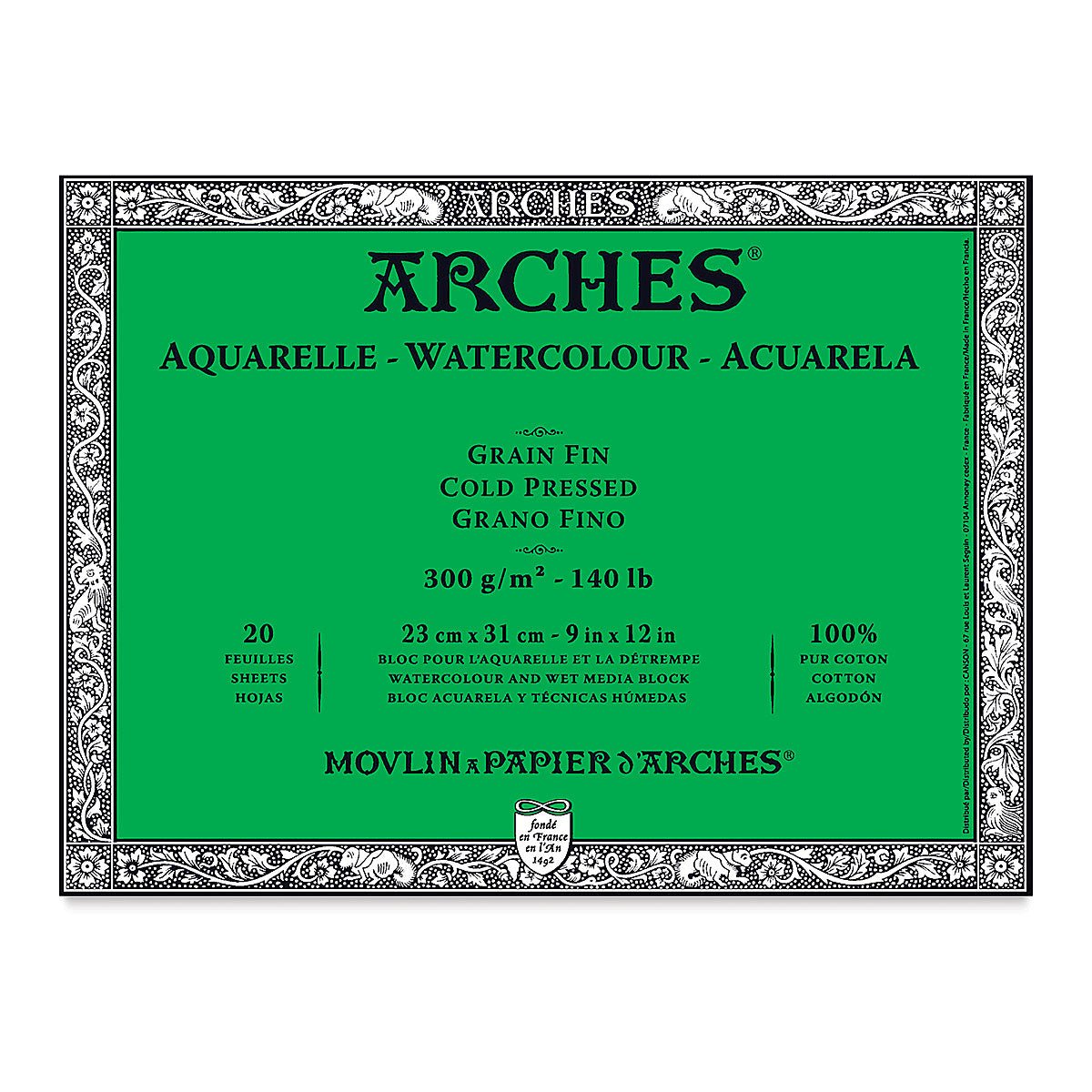 ARCHES WATER COLOUR BLOCK 20 SHEETS COLD PRESSED 300 GSM 100% COTTON 9" x 12" (1795060)