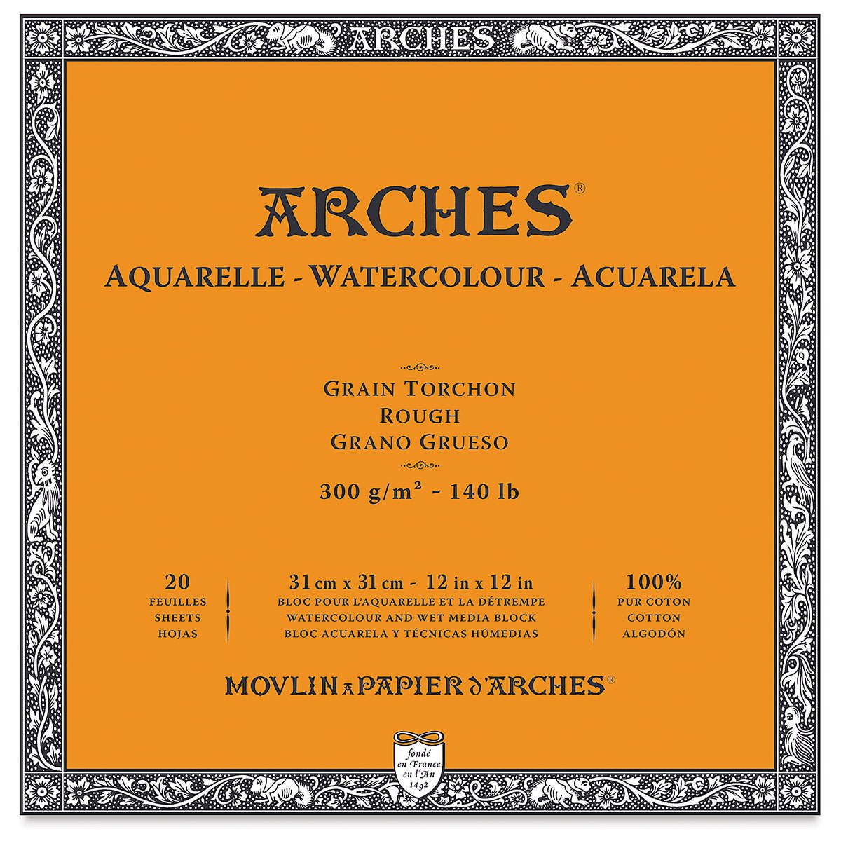 ARCHES WATER COLOUR BLOCK 20 SHEETS ROUGH 300 GSM 100% COTTON 12" x 12" (1711609)