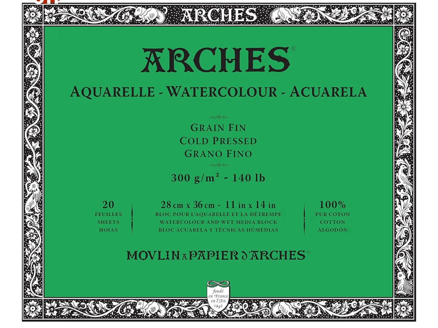 ARCHES WATER COLOUR BLOCK 20 SHEETS COLD PRESSED 300 GSM 100% COTTON 11" x 14" (1711600)